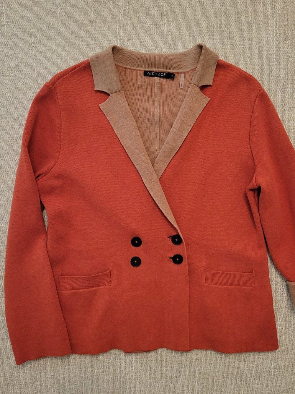 Nic+Zoe Two-Tone Knit Blazer Burnt Orange / Beige Cardigan Jacket